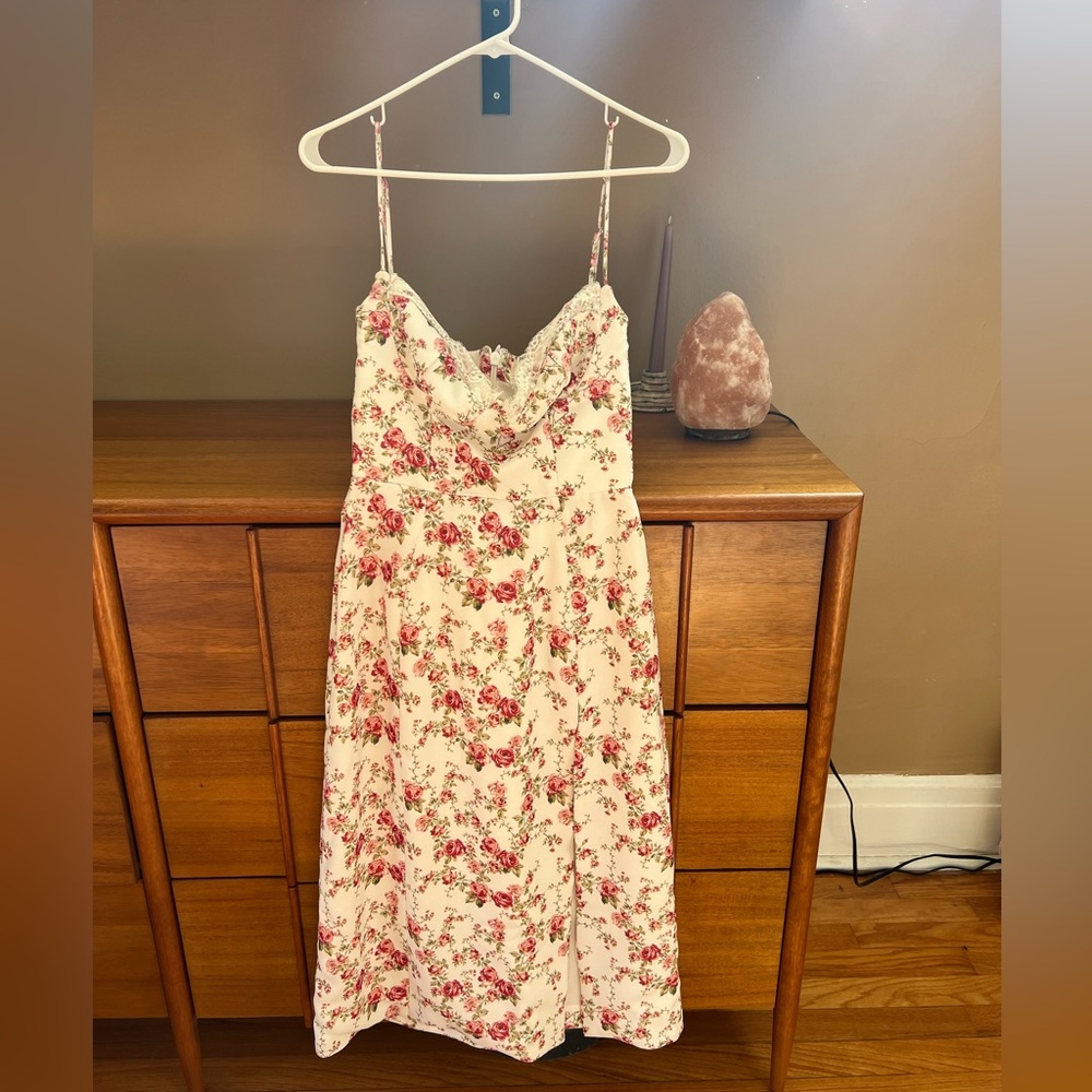 House of CB Cream Floral Midi Dress with Pink Roses